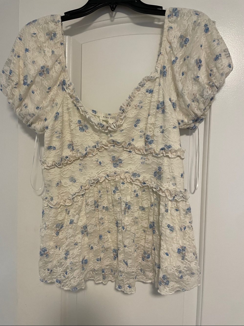 Altar’d State Women's Cream Floral Peasant Top with Blue Print